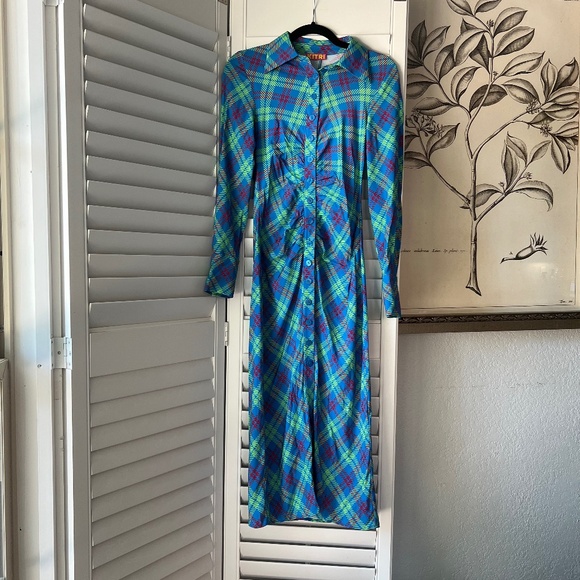 KITRI Lennox Blue Check Ruched Shirt Dress - Size Small - Picture 3 of 14